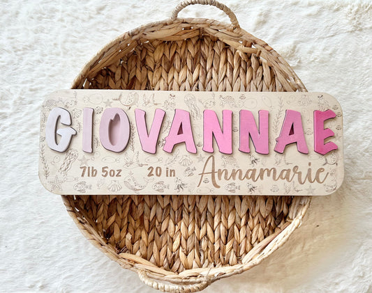 Name Wood Puzzle Name Sign Gift Puzzle Decor Baby New Born Gift Baby Birth Stats Sign Under The Sea Theme Sea Animals  Hospital Sign Shower