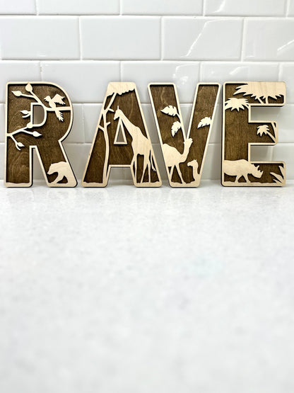 Safari Animal Name Sign Letter Wood Decor Jungle Initial Rustic Boho Bedroom Wall Baby Nursery Art Door Kids Room Toddler Name Wall Decor