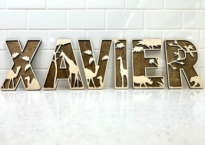 Safari Animal Name Sign Letter Wood Decor Jungle Initial Rustic Boho Bedroom Wall Baby Nursery Art Door Kids Room Toddler Name Wall Decor